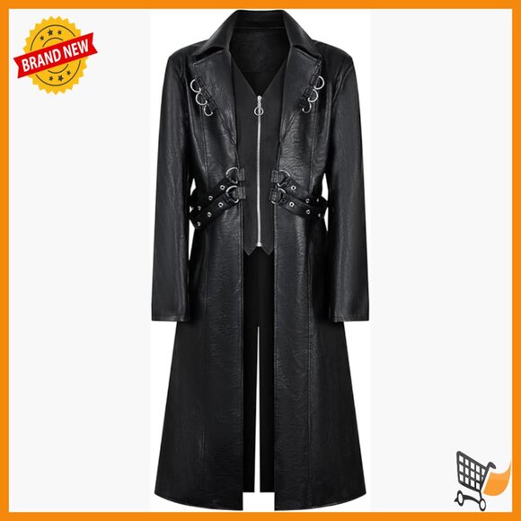 Men's PU Leather Trench Coat Motorcycle Jacket Slim Fit Long